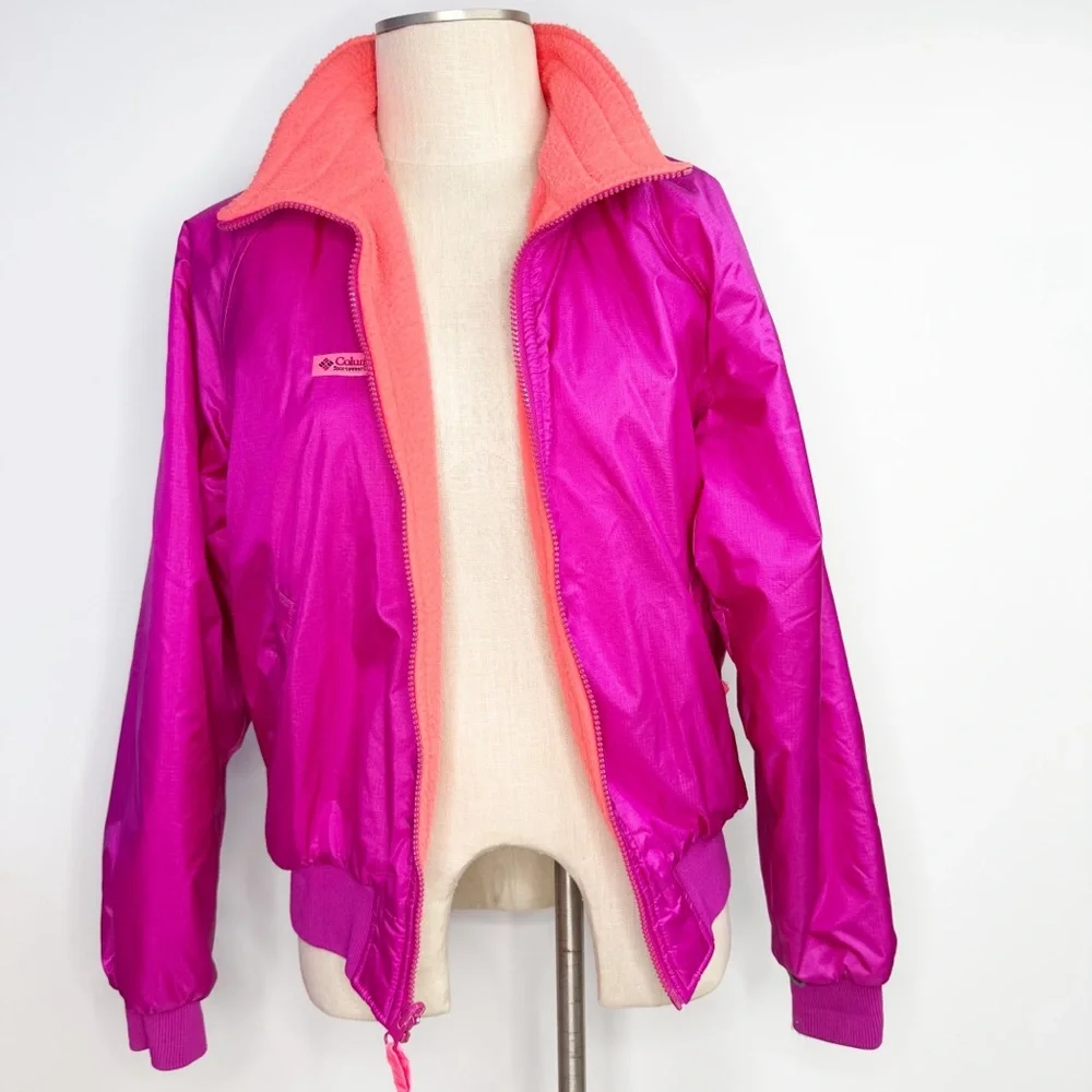 Vintage Columbia Women's Fleece Lined Nylon Jacket Large Fuchsia Pink Orange - Picture 5 of 11